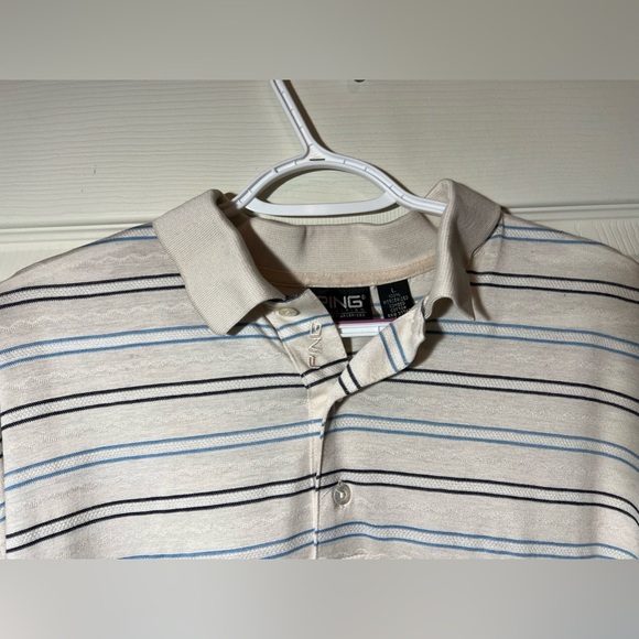 Ping Collection Golf Polo Tan/Beige Blue Black Stripes Sz L - Picture 2 of 11